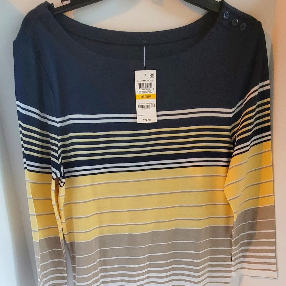 NWT Charter Club Pima Boat Navy, Yellow, & White Striped Top Size M